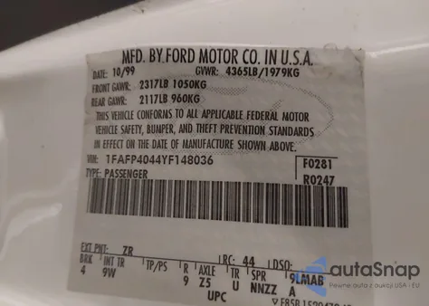 2000 Ford Mustang z USA, uszkodzony, nr VIN 1FAFP4044YF148036